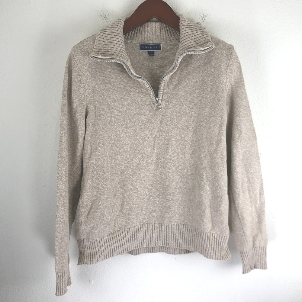 Karen Scott Womens Beige Marl 100% Cotton Quarter Zip Pullover Sweater Large